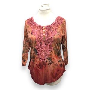One World Women’s 3/4 Sleeve Scoop Neck Lace Floral Blouse, Coral, size L